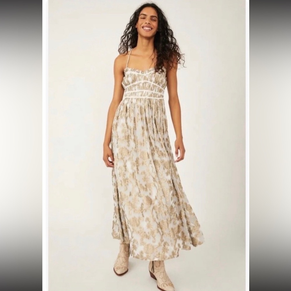 Free People Charlie Bustier
Metallic Floral Maxi Dress In Ivory Combo